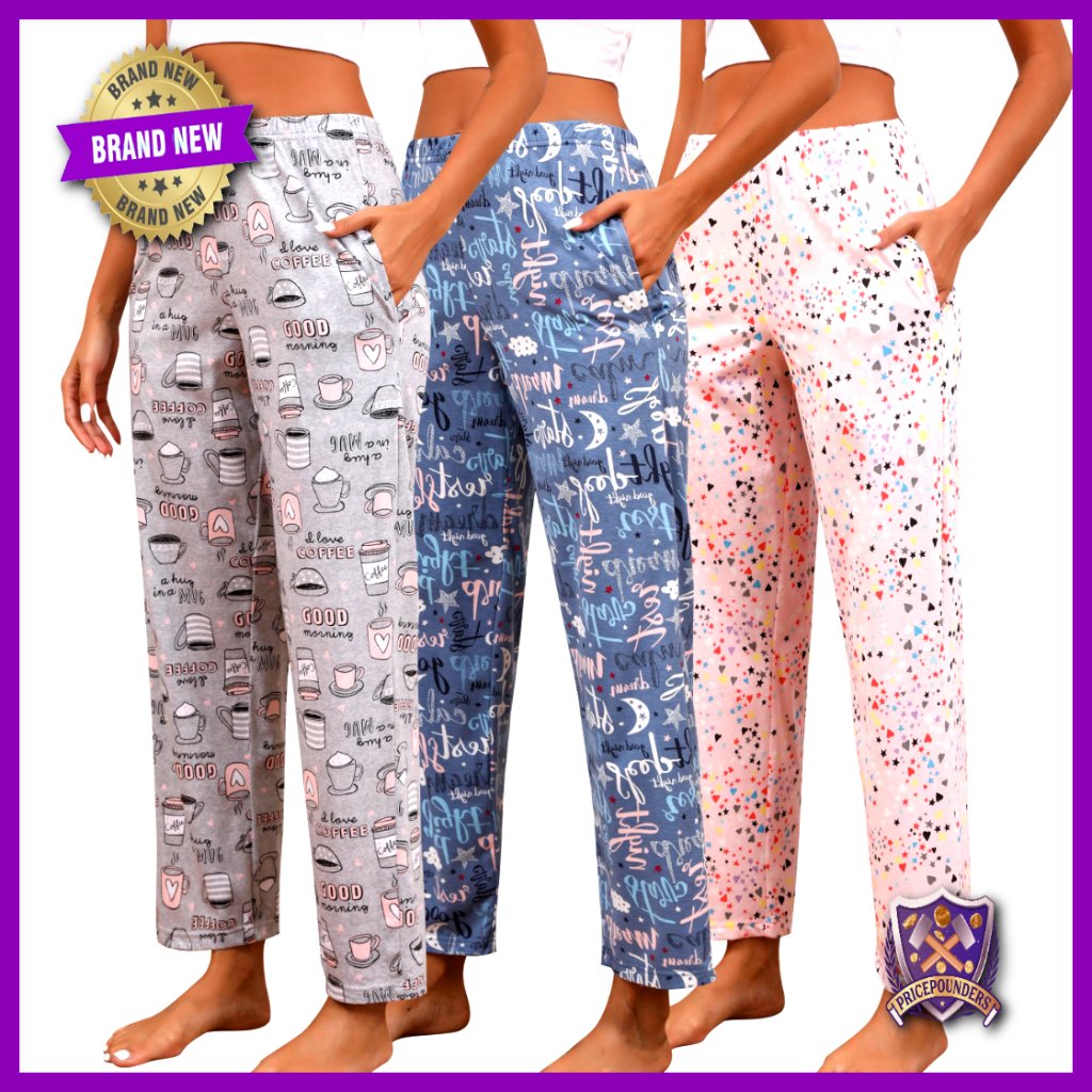 Large Soft Cotton Lounge Pants 3 Pack With Pockets Elastic Waistband